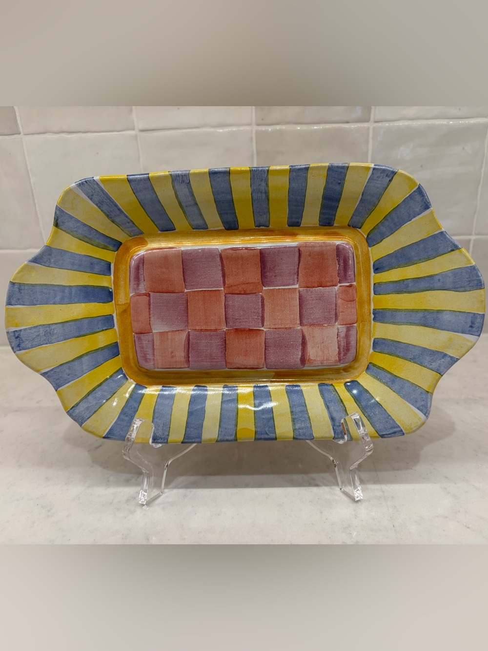 MacKenzie-Childs Yellow, Blue & Pink Hand-Painted Ceramic Plate